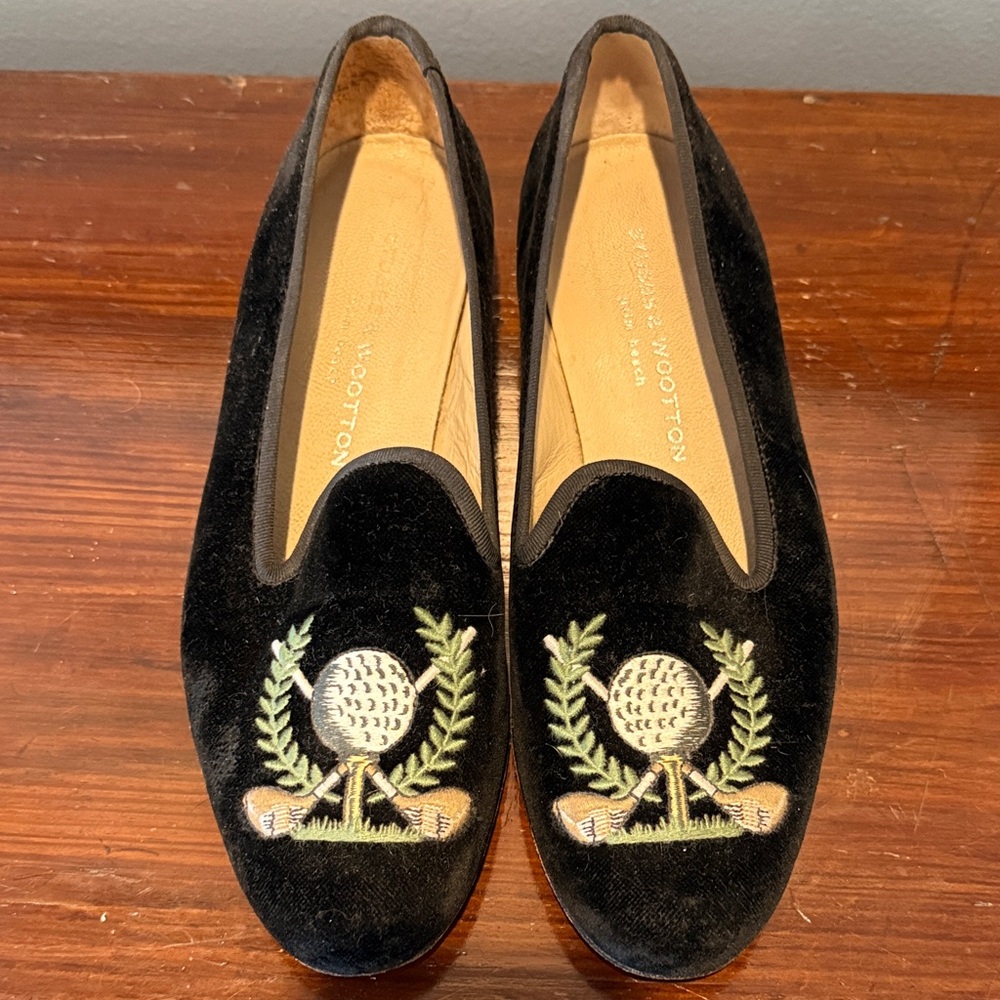 Stubbs & Wootton Black Velvet Loafers with Golf Embroidery